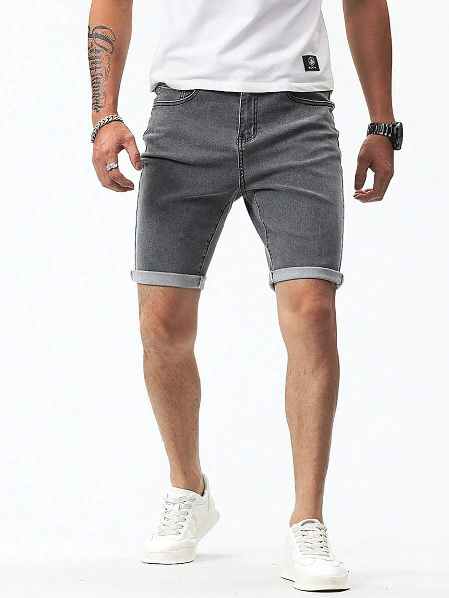Manfinity 男士棉斜口袋百慕大牛仔短褲 - 灰色 - 查看 1