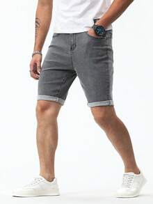 Manfinity 男士棉斜口袋百慕大牛仔短褲 - 灰色 - 查看 5