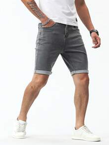 Manfinity 男士棉斜口袋百慕大牛仔短褲 - 灰色 - 查看 6