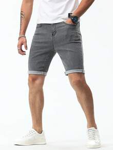 Manfinity 男士棉斜口袋百慕大牛仔短褲 - 灰色 - 查看 7