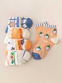 5雙女孩花和格紋圖案透氣短襪適用於日常生活 - 彩色 - 查看 3