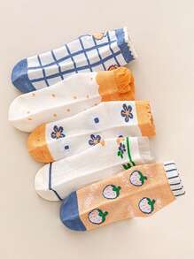 5雙女孩花和格紋圖案透氣短襪適用於日常生活 - 彩色 - 查看 4