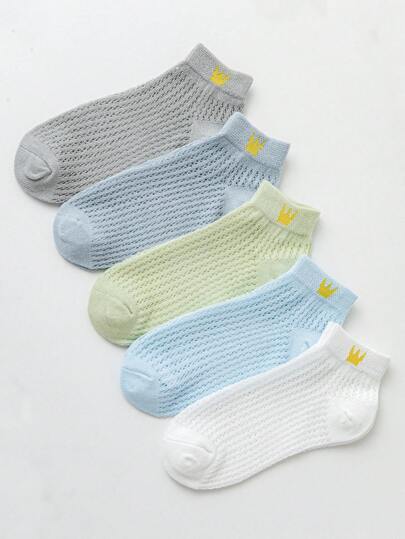 5pairs Boys Crown Pattern Breathable Ankle Socks For Daily Life