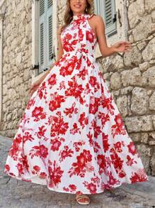RueChic Floral Print Belted Halter Dress - Red and White - View 5
