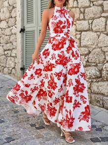 RueChic Floral Print Belted Halter Dress - Red and White - View 1
