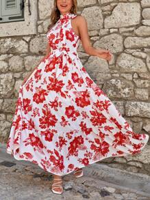 RueChic Floral Print Belted Halter Dress - Red and White - View 2
