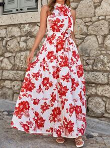 RueChic Floral Print Belted Halter Dress - Red and White - View 4
