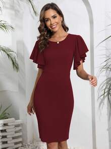 素色蝴蝶袖緊身連衣裙 - 酒紅色 - 查看 3