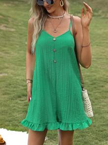 SHEIN VCAY Áo liền quần nữ Nút phía trước Viên lá sen màu trơn Giải trí Boho - màu xanh lá - Xem 1