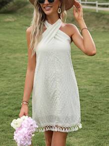 SHEIN VCAY 流蘇邊交叉繞頸露背洋裝 - 杏色 - 查看 1