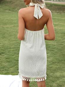 SHEIN VCAY 流蘇邊交叉繞頸露背洋裝 - 杏色 - 查看 2