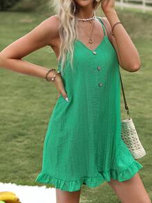 SHEIN VCAY Áo liền quần nữ Nút phía trước Viên lá sen màu trơn Giải trí Boho - màu xanh lá - Xem 5