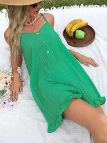 SHEIN VCAY Áo liền quần nữ Nút phía trước Viên lá sen màu trơn Giải trí Boho - màu xanh lá - Xem 6