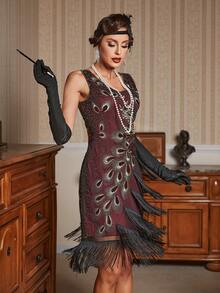 1920s Flapper Dress Fringe Trim Sequin Tank Dress - Burgundy - View 4