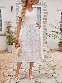 Đầm Viên lá sen Họa tiết hoa Boho - Màu be - Xem 5