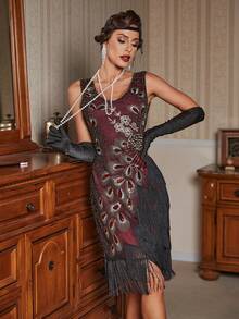 1920s Flapper Dress Fringe Trim Sequin Tank Dress - Burgundy - View 6