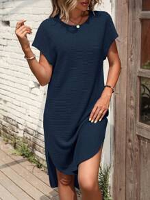 SHEIN LUNE Vestido estilo camiseta unicolor de manga murciélago bajo con abertura - Azul Marino - Ver 1