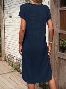 SHEIN LUNE Vestido estilo camiseta unicolor de manga murciélago bajo con abertura - Azul Marino - Ver 2