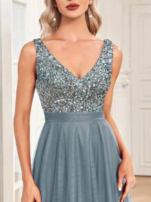 XUIBOL Sequin Insert High Low Hem Mesh Party Dress - Dusty Blue - View 4