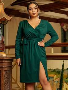 seomiscky Đầm Plus Size Thắt lưng Trọn gói Tách cao màu trơn Thanh lịch - màu xanh lá - Xem 6