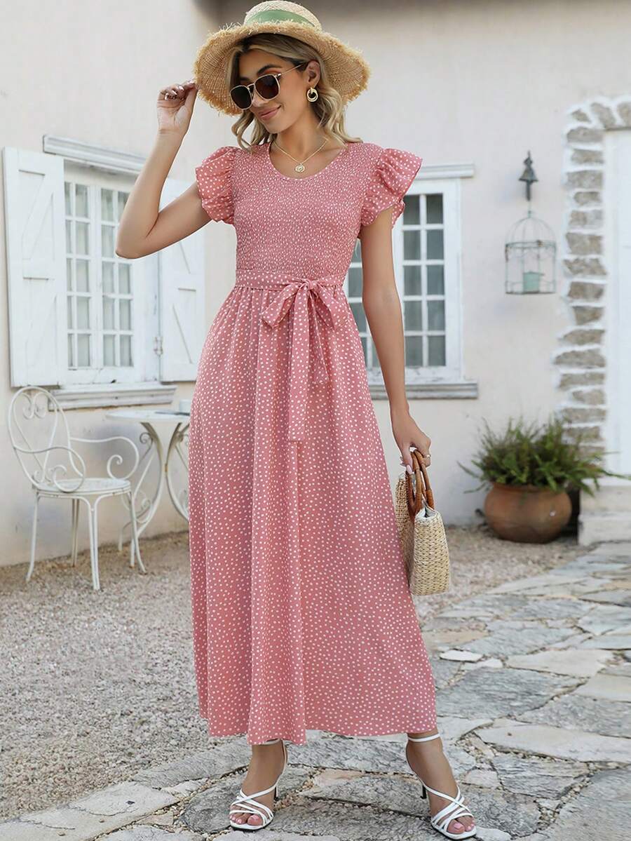 波點圖案荷葉邊前繫帶連衣裙 - 藕粉色 - 查看 1