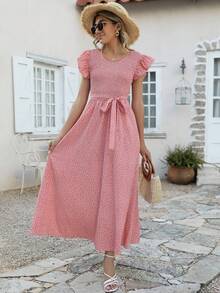 波點圖案荷葉邊前繫帶連衣裙 - 藕粉色 - 查看 3