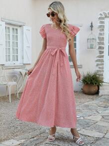 波點圖案荷葉邊前繫帶連衣裙 - 藕粉色 - 查看 4