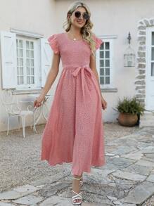 波點圖案荷葉邊前繫帶連衣裙 - 藕粉色 - 查看 5