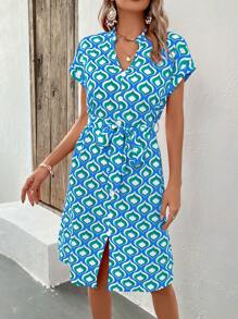 SHEIN LUNE 滿版印花蝙蝠袖腰帶襯衫洋裝