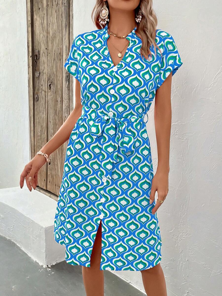 SHEIN LUNE 滿版印花蝙蝠袖腰帶襯衫洋裝