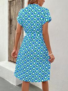 SHEIN LUNE 滿版印花蝙蝠袖腰帶襯衫洋裝