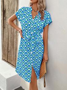 SHEIN LUNE 滿版印花蝙蝠袖腰帶襯衫洋裝