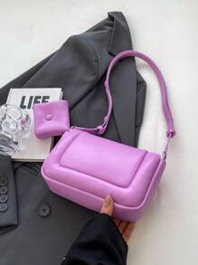 時尚方包帶零錢包翻蓋可調整肩帶PU皮革 - 紫色 - 查看 3