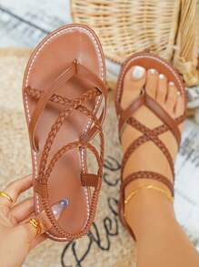 Women's Vacation Style Woven Flat Thong Sandals - Brown - View 6
