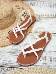 Sandal đế bằng kiểu dáng nghỉ mát dành cho nữ với chi tiết đan lát. - trắng - Xem 2