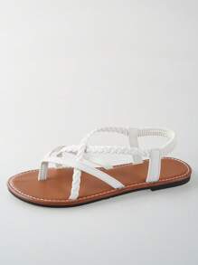 Sandal đế bằng kiểu dáng nghỉ mát dành cho nữ với chi tiết đan lát. - trắng - Xem 3