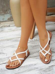 Sandal đế bằng kiểu dáng nghỉ mát dành cho nữ với chi tiết đan lát. - trắng - Xem 4