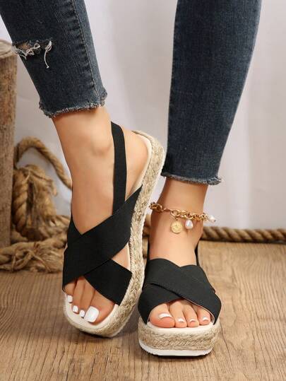Women Criss Cross Espadrille Wedge Sandals, Vacation Outdoor Elastic Slingback Sandals