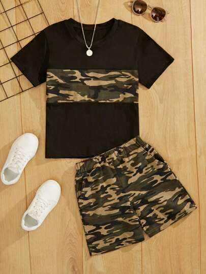 RueChic Boys Camo Print Tee & Shorts