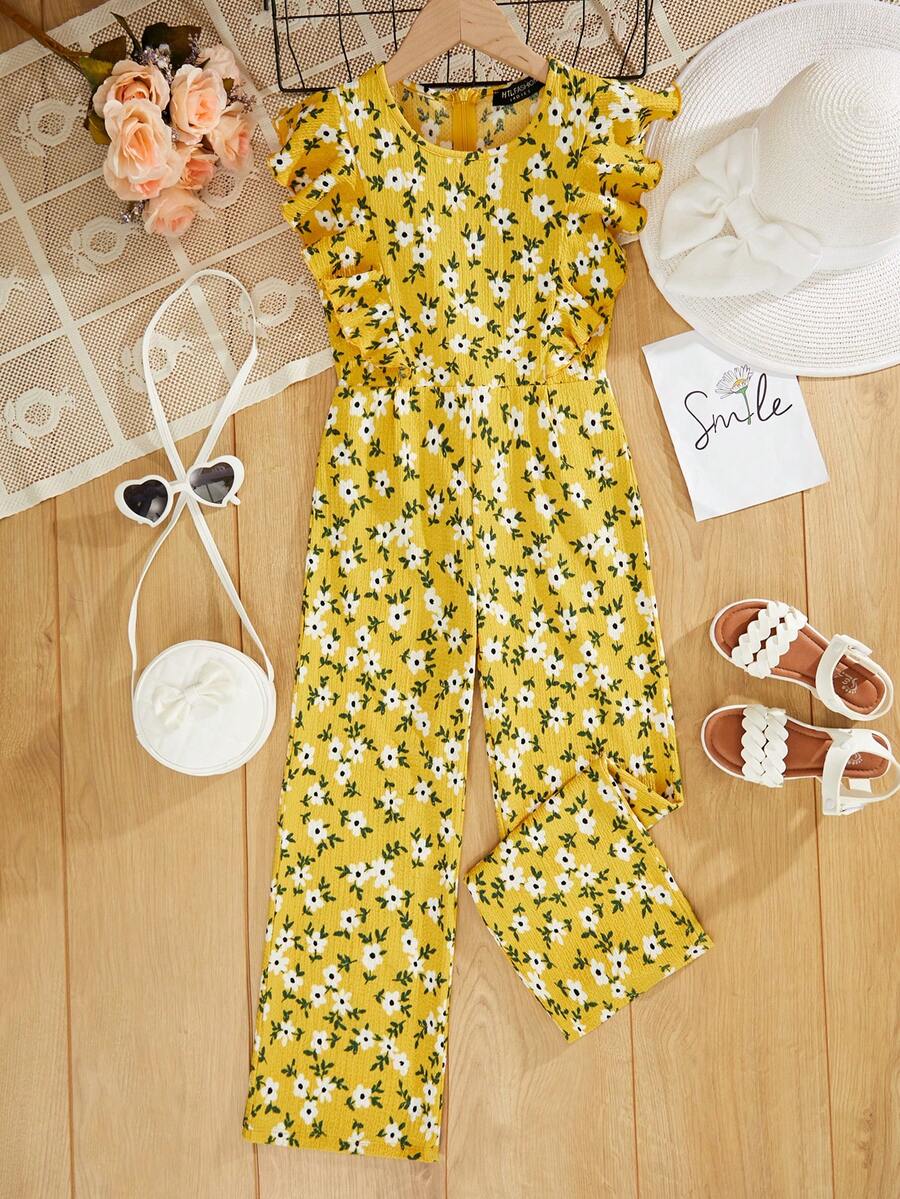 RueChic Girls Floral Print Ruffle Trim Jumpsuit - Yellow - View 1
