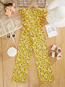 RueChic Girls Floral Print Ruffle Trim Jumpsuit - Yellow - View 2