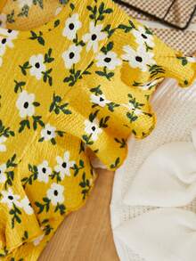 RueChic Girls Floral Print Ruffle Trim Jumpsuit - Yellow - View 4