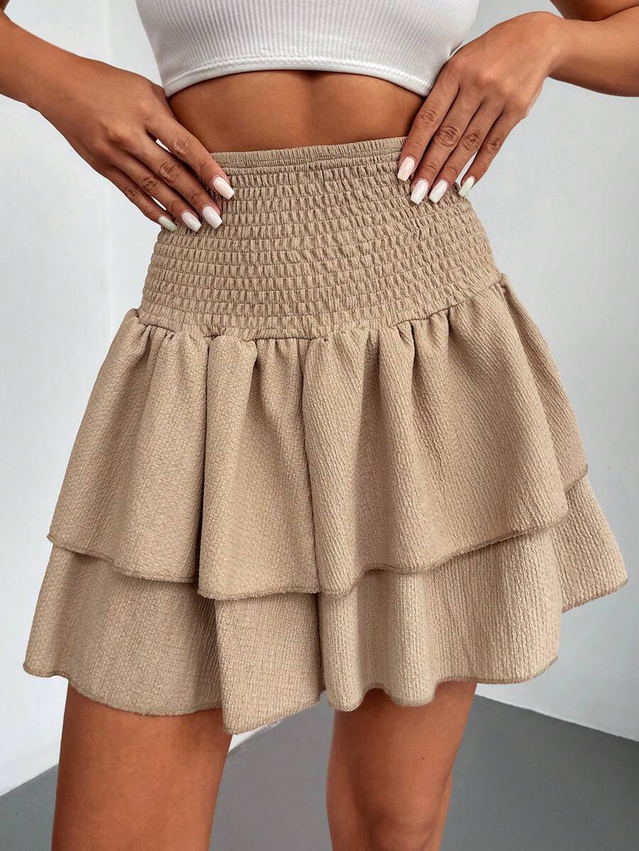 EURMUSE Shirred Waist Two Layer Hem Skirt - Olive Green - View 1