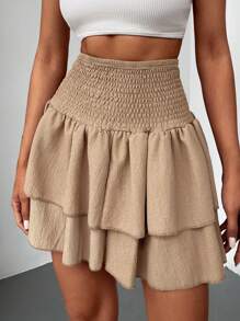 EURMUSE Shirred Waist Two Layer Hem Skirt - Olive Green - View 4