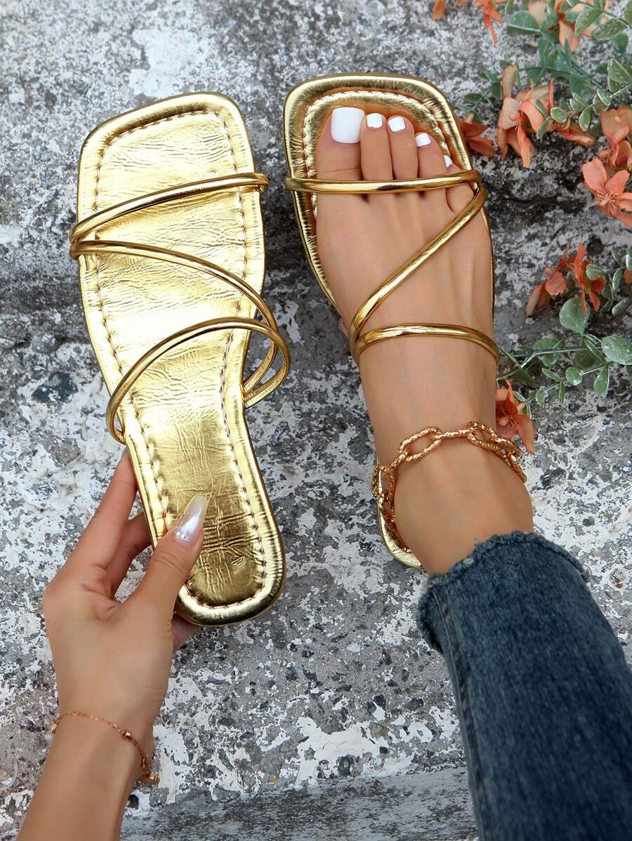 女士方头多带编织凉鞋，夏秋季时尚平底鞋，适合街头、约会、度假、居家、休闲、通勤、派对 - 金色 - 查看 1