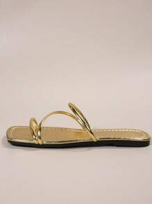 女士方头多带编织凉鞋，夏秋季时尚平底鞋，适合街头、约会、度假、居家、休闲、通勤、派对 - 金色 - 查看 3