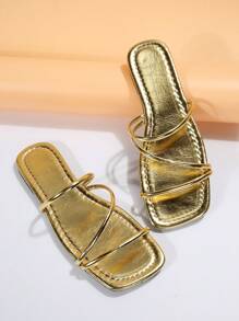 女士方头多带编织凉鞋，夏秋季时尚平底鞋，适合街头、约会、度假、居家、休闲、通勤、派对 - 金色 - 查看 4