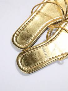 女士方头多带编织凉鞋，夏秋季时尚平底鞋，适合街头、约会、度假、居家、休闲、通勤、派对 - 金色 - 查看 6