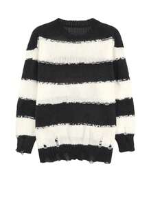 宽条纹破洞落肩毛衣、长袖上衣 - 黑與白 - 查看 2