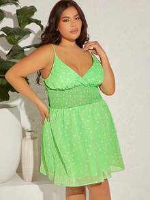 大碼小碎花腰部打褶吊帶連衣裙 - 綠色 - 查看 3